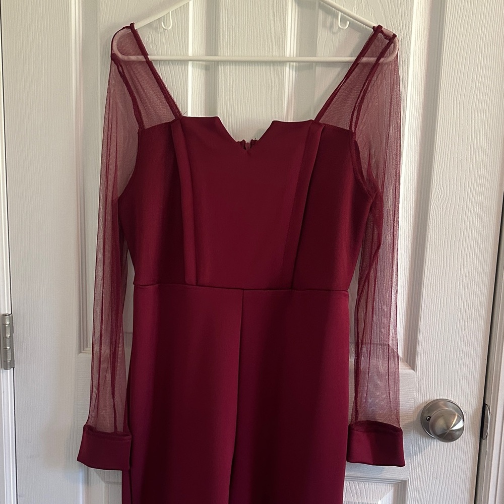 Elegant Burgundy Jumpsuit with Sheer Sleeves/ Tulle Overlay
